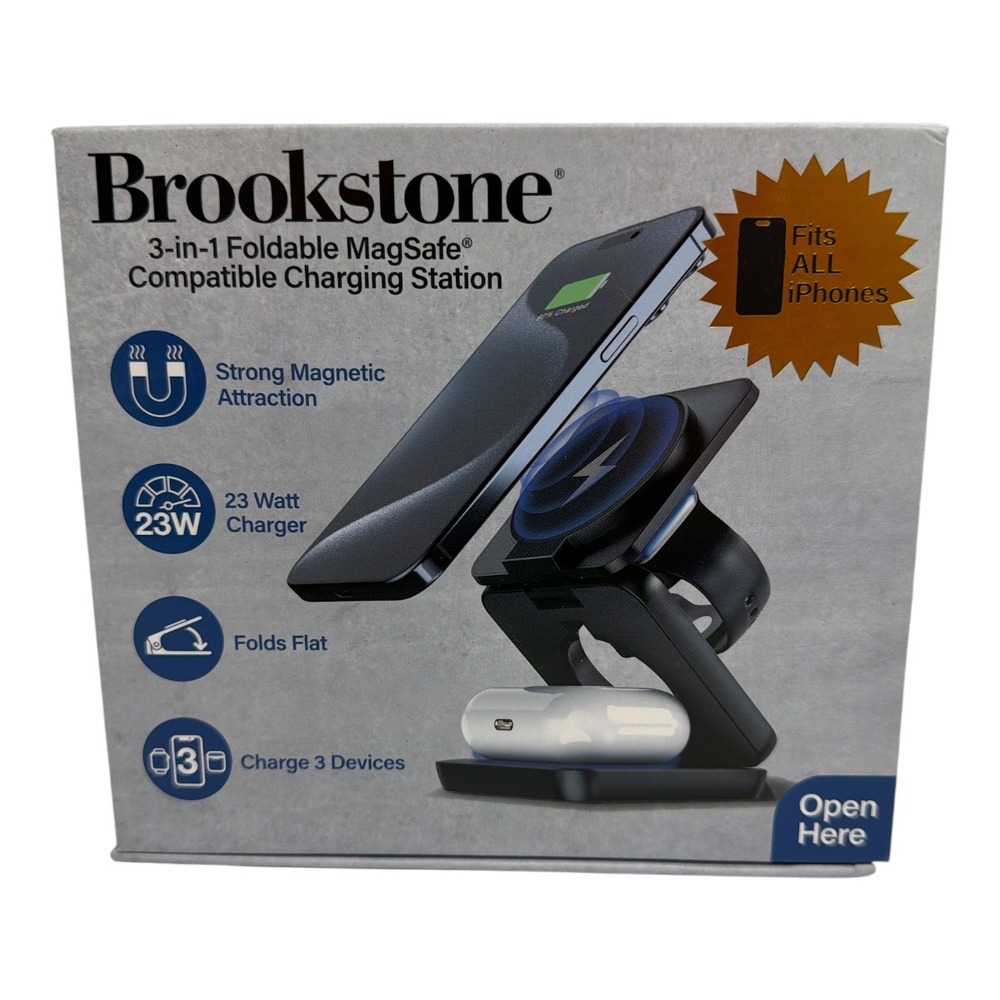 Brookstone 3 in 1 Foldable Wireless Charging Stand MagSafe Iphone NIB